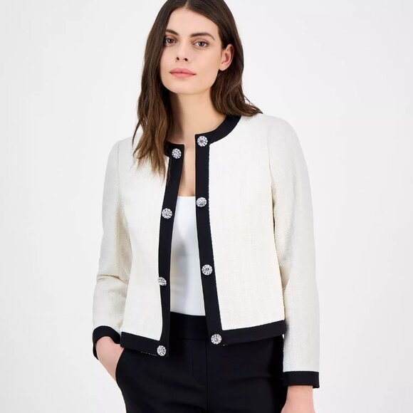 Anne Klein Women's Embellished Framed Cardigan Sweater White BLK 12 NEW - Picture 1 of 4